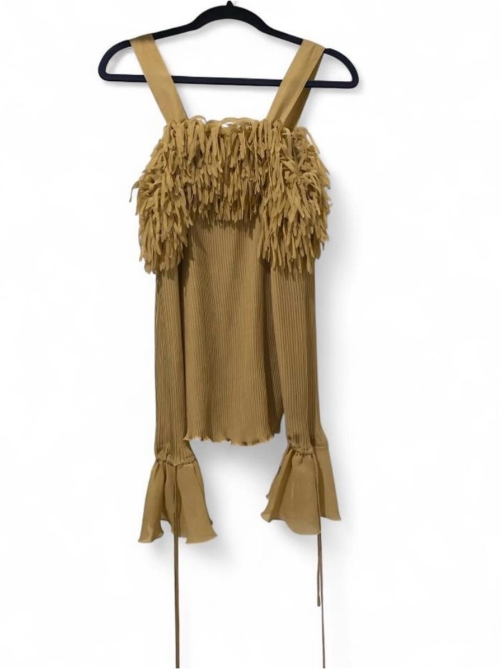 Womens Fringe Ribbed Tank Top with Tie Sleeves